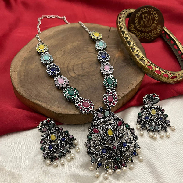 FS Collection Oxidised Plated Pota Stone And Pearls Necklace Set