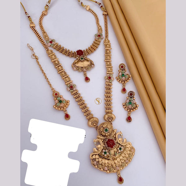 FS Collection Gold Plated Pota Stone And Meenakari Double Necklace Set