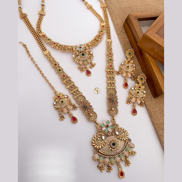 FS Collection Gold Plated Pota Stone And Meenakari Double Necklace Set