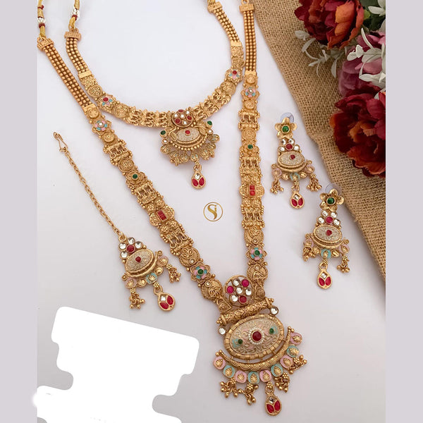 FS Collection Gold Plated Pota Stone And Meenakari Double Necklace Set