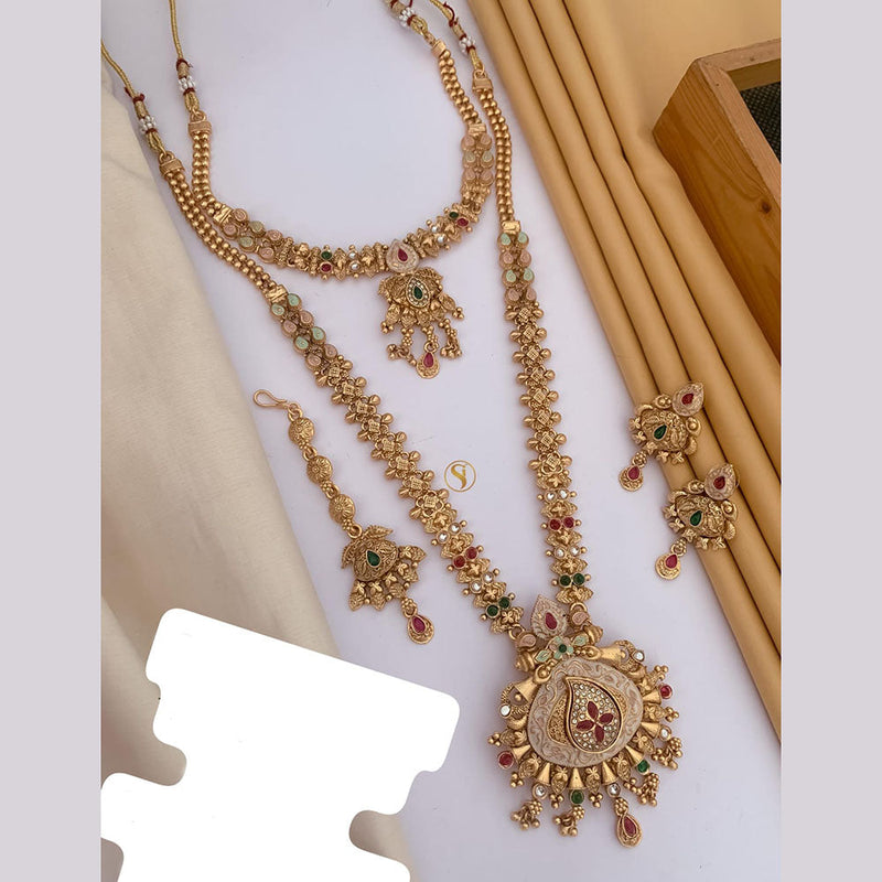 FS Collection Gold Plated Pota Stone And Meenakari Double Necklace Set