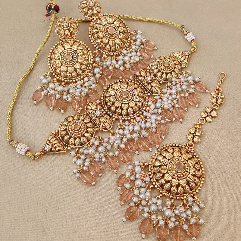 FS Collection Gold Plated Pota Stone And Pearls Choker Necklace Set