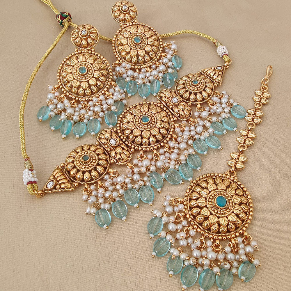 FS Collection Gold Plated Pota Stone And Pearls Choker Necklace Set