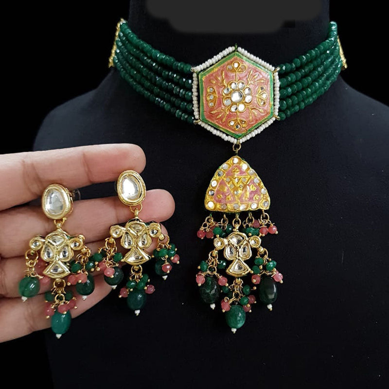 FS Collection Gold Plated Kundan Stone And Beads Choker Necklace Set