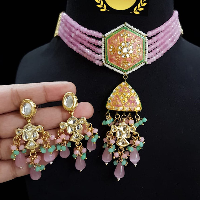 FS Collection Gold Plated Kundan Stone And Beads Choker Necklace Set