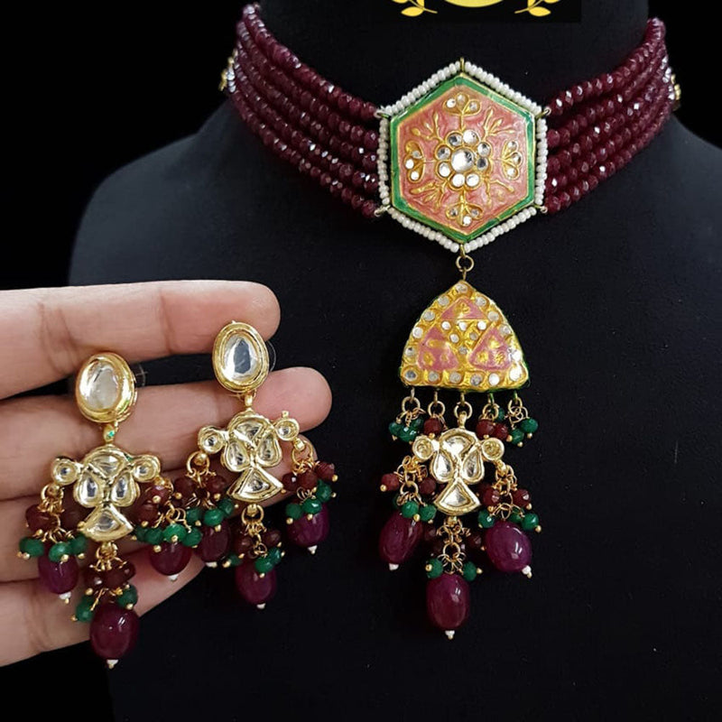 FS Collection Gold Plated Kundan Stone And Beads Choker Necklace Set