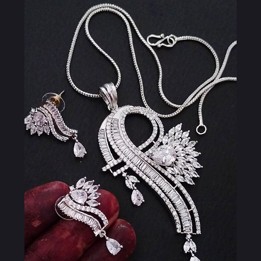 FS Collection Silver Plated American Diamond  Chain Pendant Set