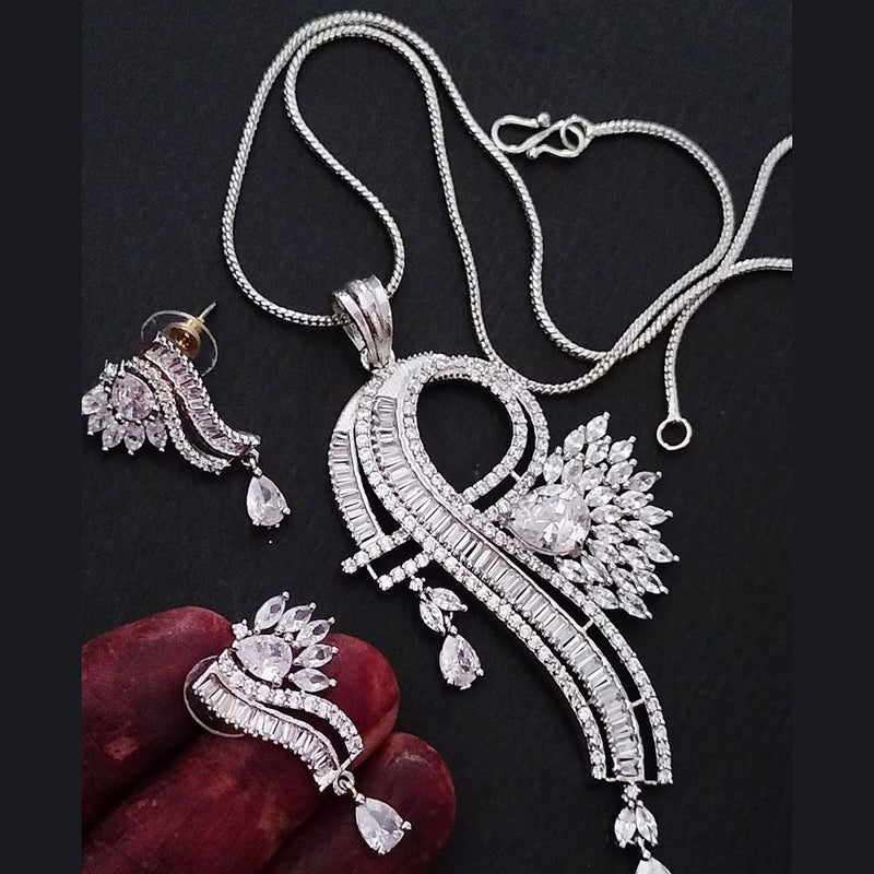 FS Collection Silver Plated American Diamond  Chain Pendant Set