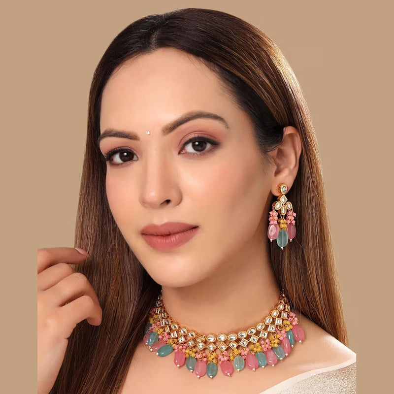 FS Collection Gold Plated Kundan Stone And Beads Necklace Set