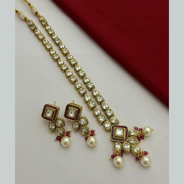 FS Collection Gold Plated Kundan Stone And Pearls Long Necklace Set