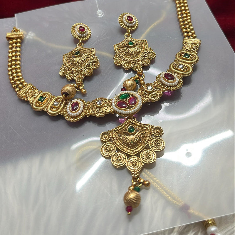 FS Collection Gold Plated Pota Stone And Pearls Necklace Set