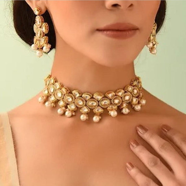 FS Collection Gold Plated Kundan Stone And Pearls Choker Necklace Set