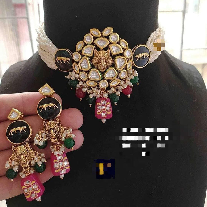 FS Collection Gold Plated Kundan Stone And Pearls Sabyasachi Choker Necklace Set