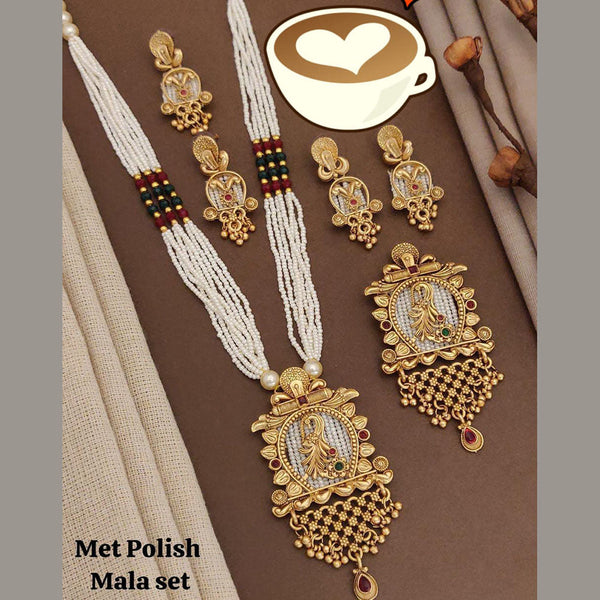 FS Collection Gold Plated Pota Stone And Pearls Long Necklace Set