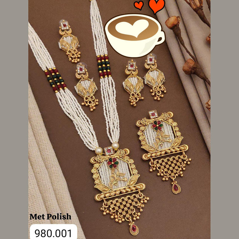 FS Collection Gold Plated Pota Stone And Pearls Long Necklace Set