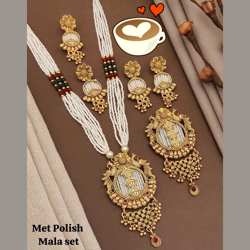 FS Collection Gold Plated Pota Stone And Pearls Long Necklace Set