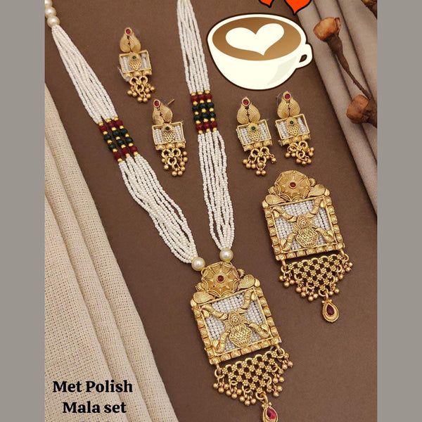 FS Collection Gold Plated Pota Stone And Pearls Long Necklace Set