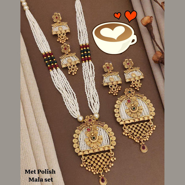 FS Collection Gold Plated Pota Stone And Pearls Long Necklace Set