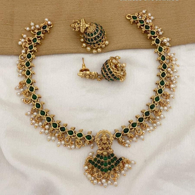 FS Collection Gold Plated Pota Stone And Pearls Temple Necklace set