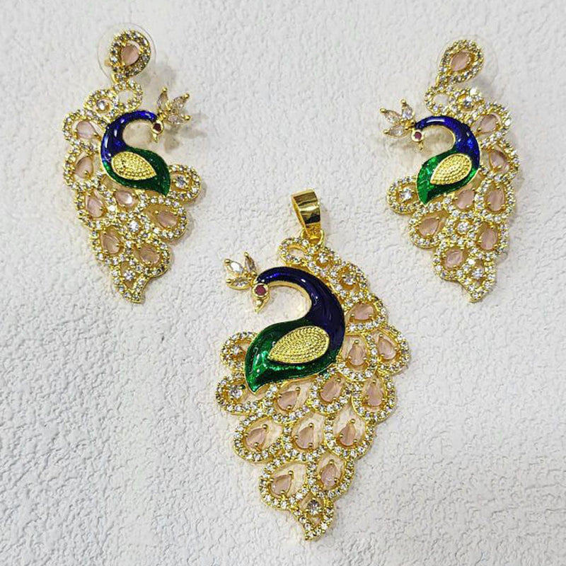 FS Collection Gold Plated AD And Meenakari Pendant Set