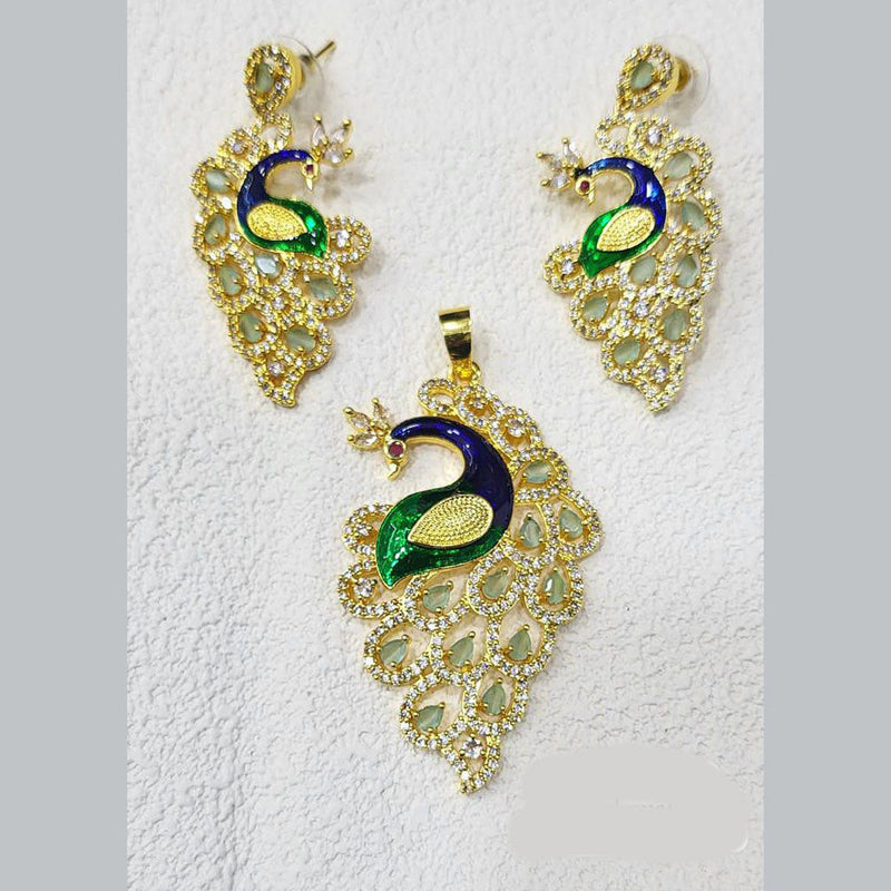 FS Collection Gold Plated AD And Meenakari Pendant Set