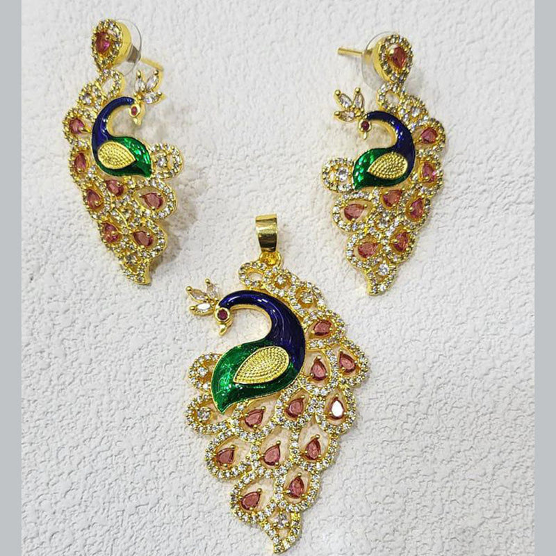 FS Collection Gold Plated AD And Meenakari Pendant Set