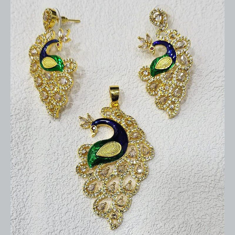 FS Collection Gold Plated AD And Meenakari Pendant Set