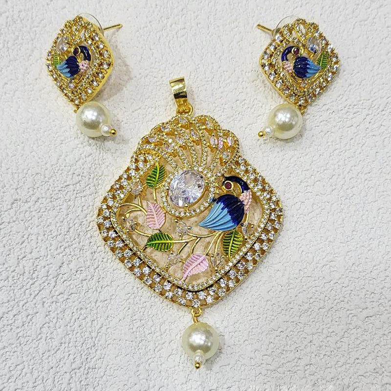 FS Collection Gold Plated AD And Meenakari Pendant Set