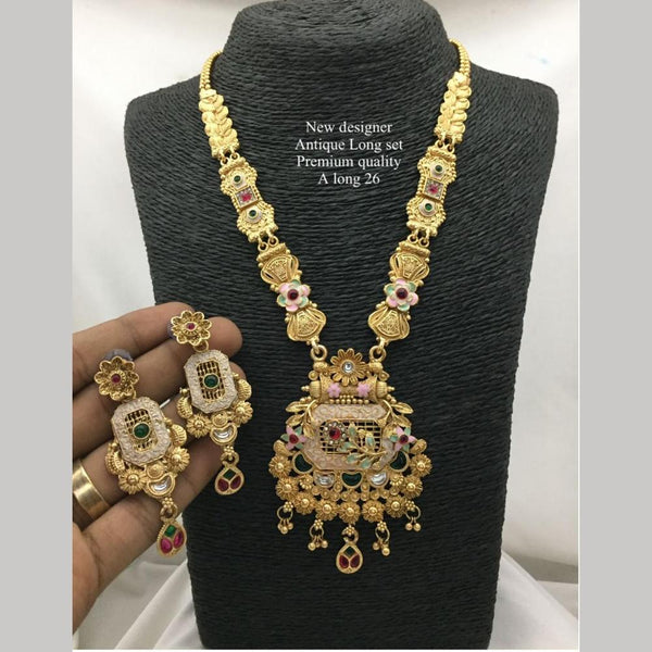 FS Collection Antique Gold Plated Pota Stone And Pearls Long Necklace Set