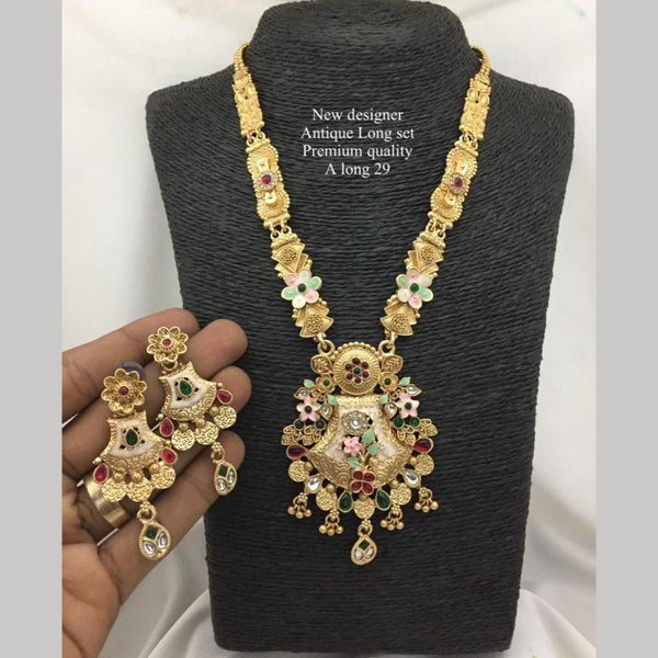 FS Collection Antique Gold Plated Pota Stone And Pearls Long Necklace Set