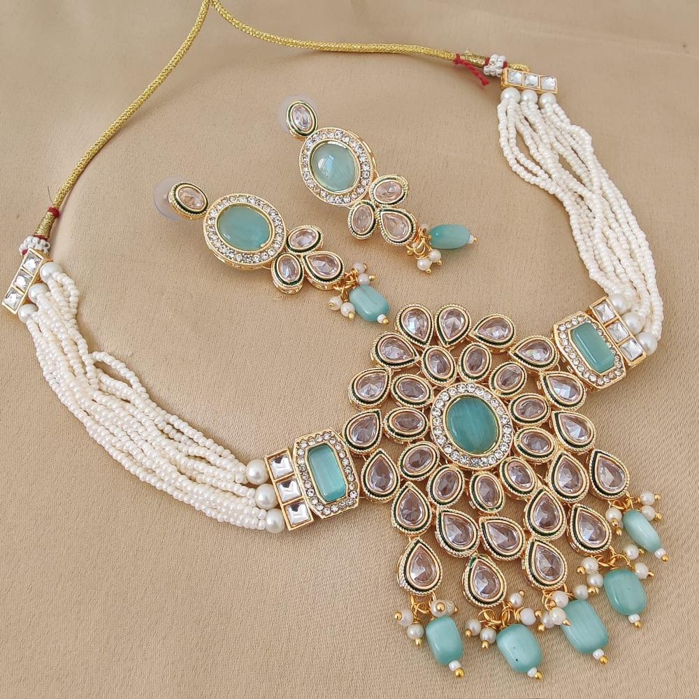 FS Collection Gold Plated Crystal Stone And  Beads Choker Necklace Set