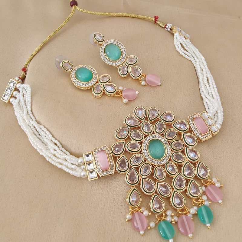 FS Collection Gold Plated Crystal Stone And  Beads Choker Necklace Set