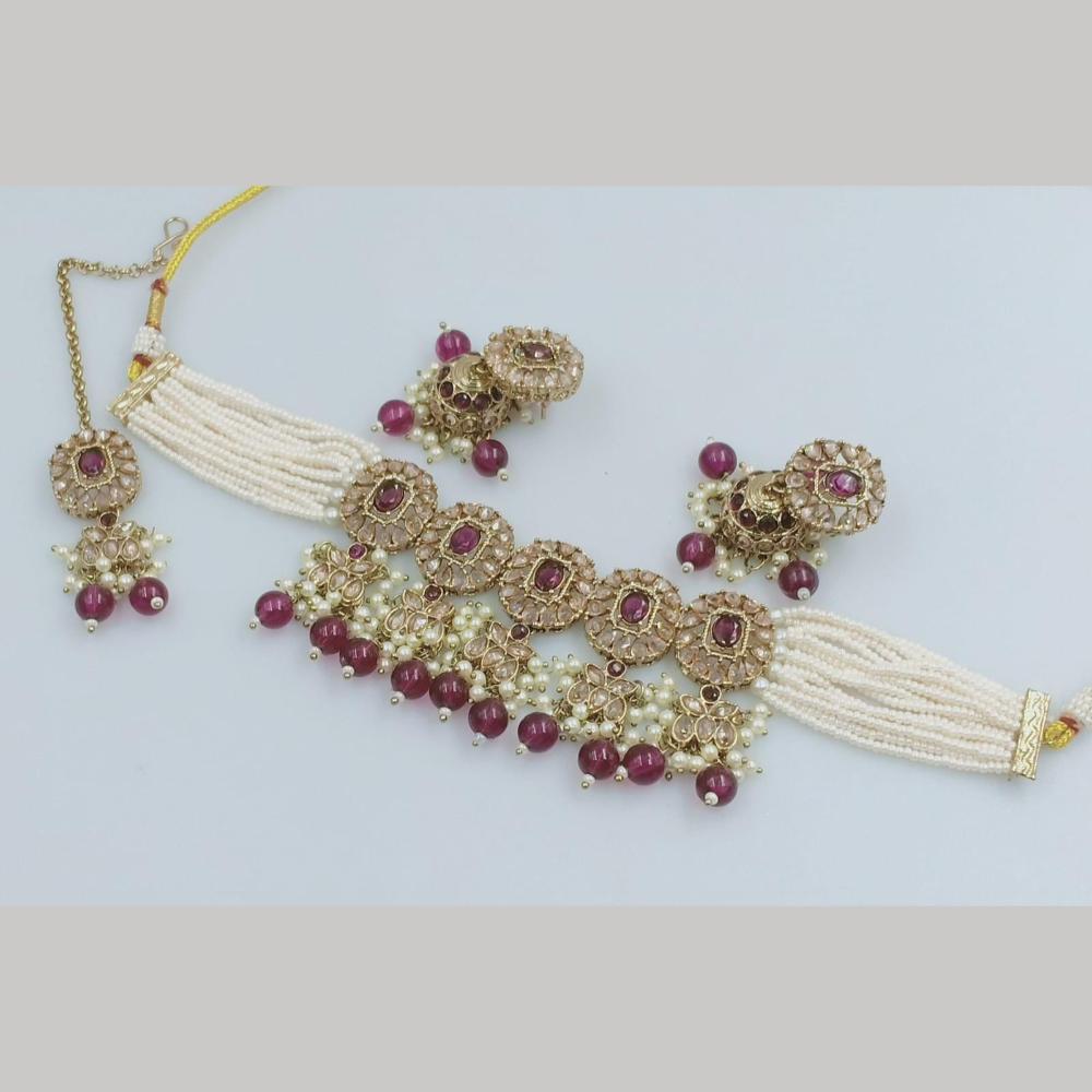FS Collection Gold Plated Crystal Stone And  Beads Choker Necklace Set