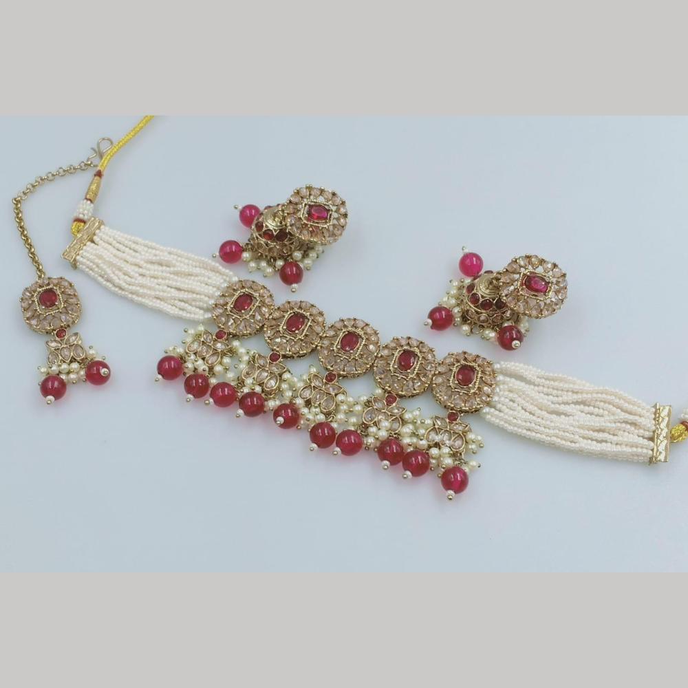 FS Collection Gold Plated Crystal Stone And  Beads Choker Necklace Set