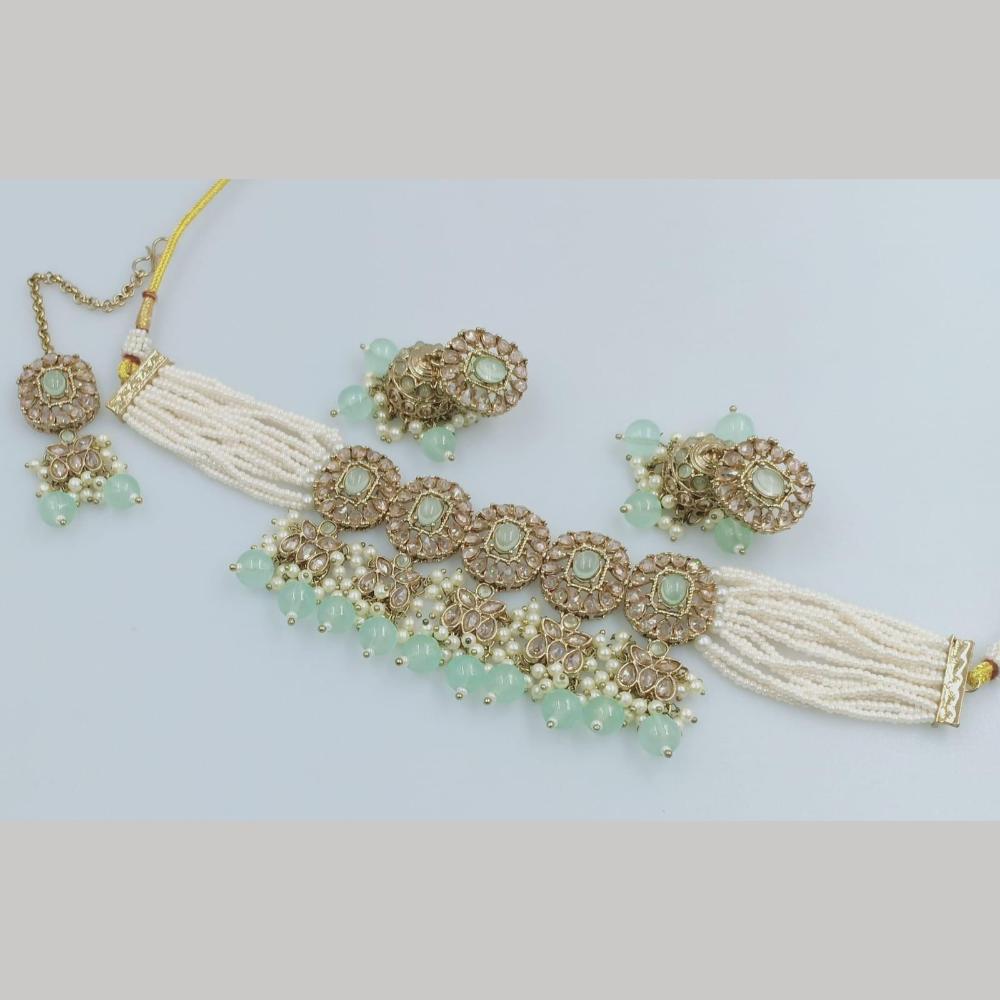 FS Collection Gold Plated Crystal Stone And  Beads Choker Necklace Set