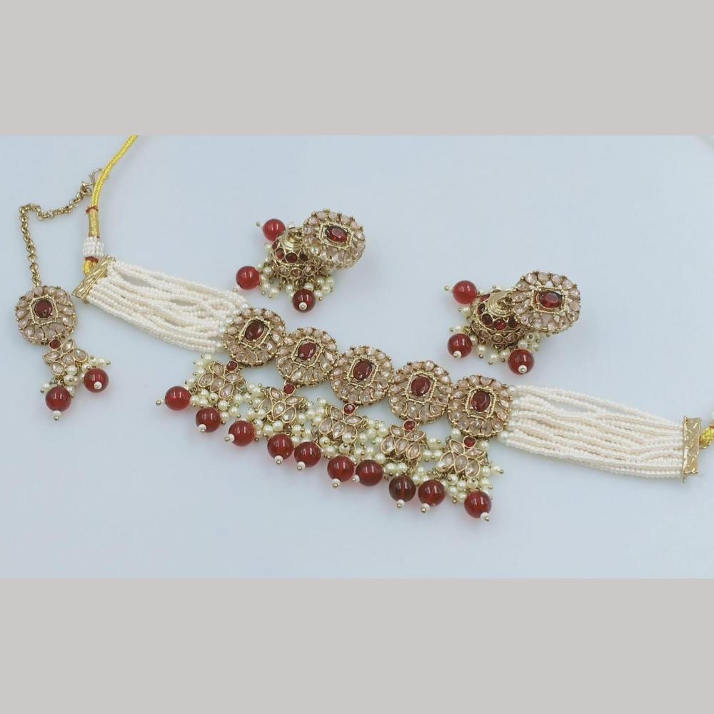 FS Collection Gold Plated Crystal Stone And  Beads Choker Necklace Set