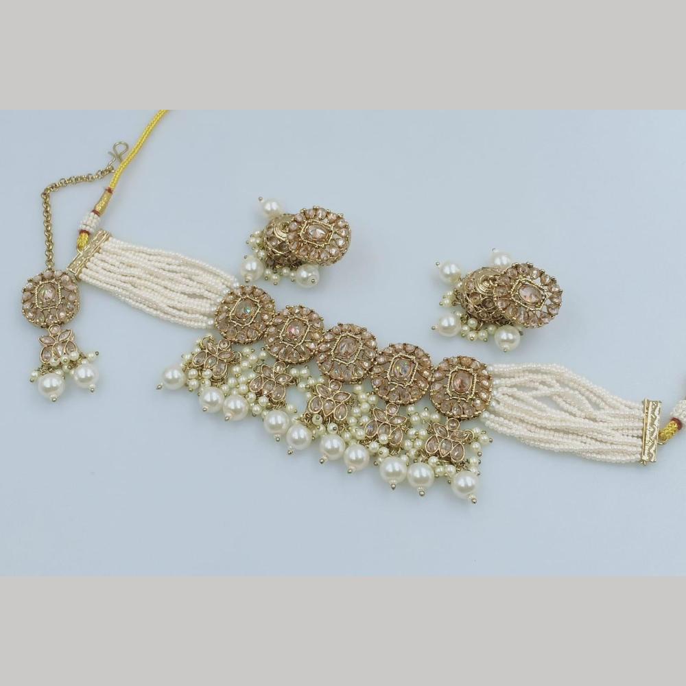 FS Collection Gold Plated Crystal Stone And  Beads Choker Necklace Set