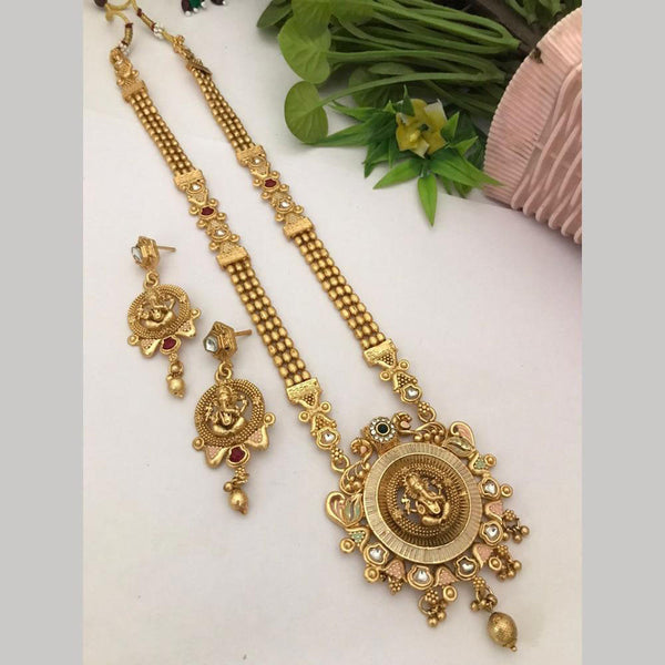 FS Collection Gold Plated Pota Stone Meenakari Temple Long Necklace Set