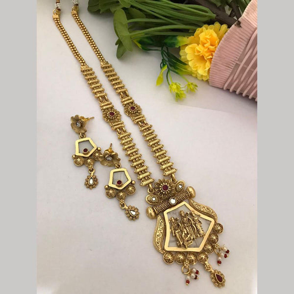 FS Collection Gold Plated Pota Stone Temple Long Necklace Set