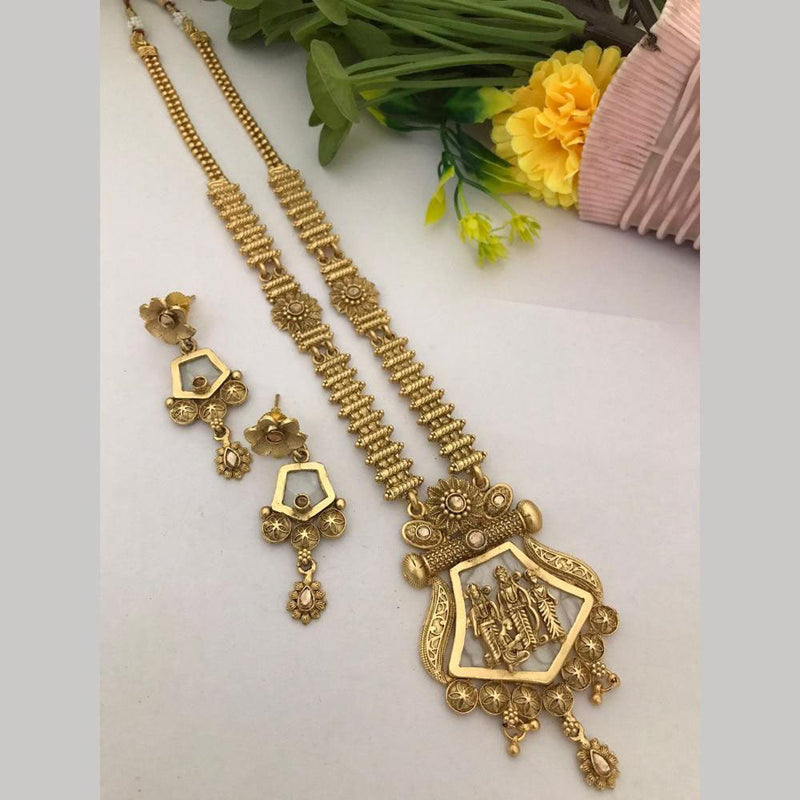 FS Collection Gold Plated Pota Stone Temple Long Necklace Set