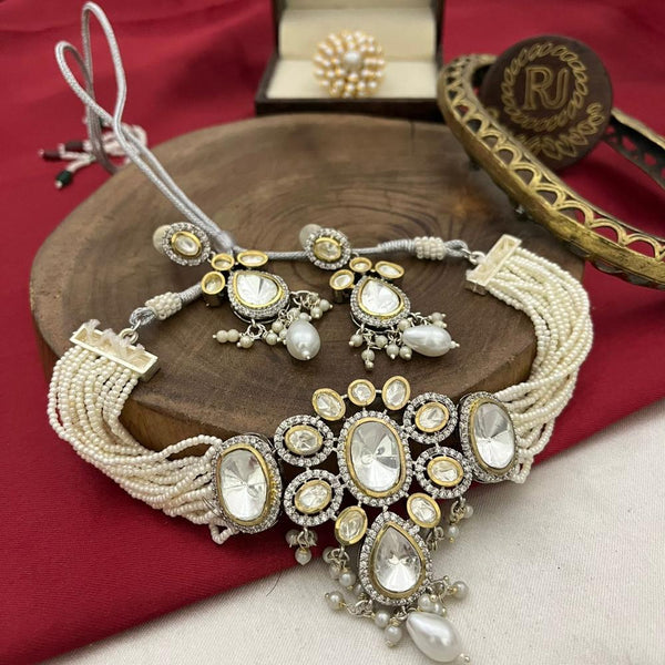 FS Collection 2 Tone Plated Kundan Stone And Pearls Choker Necklace Set