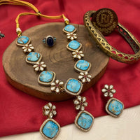 FS Collection Gold Plated Kundan Stone And Druzy Stone Necklace Set