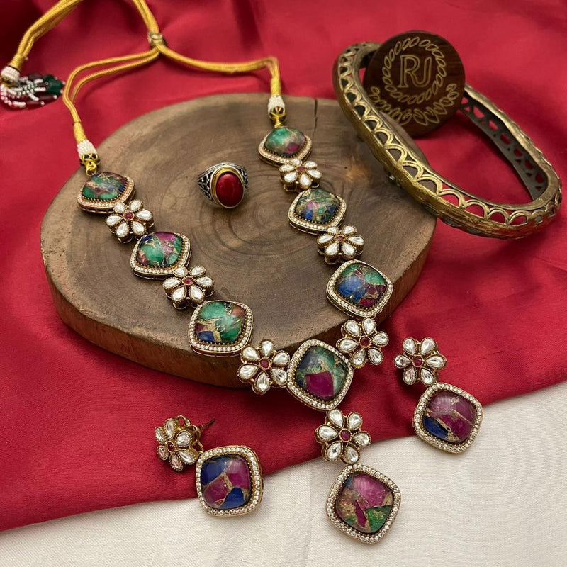 FS Collection Gold Plated Kundan Stone And Druzy Stone Necklace Set