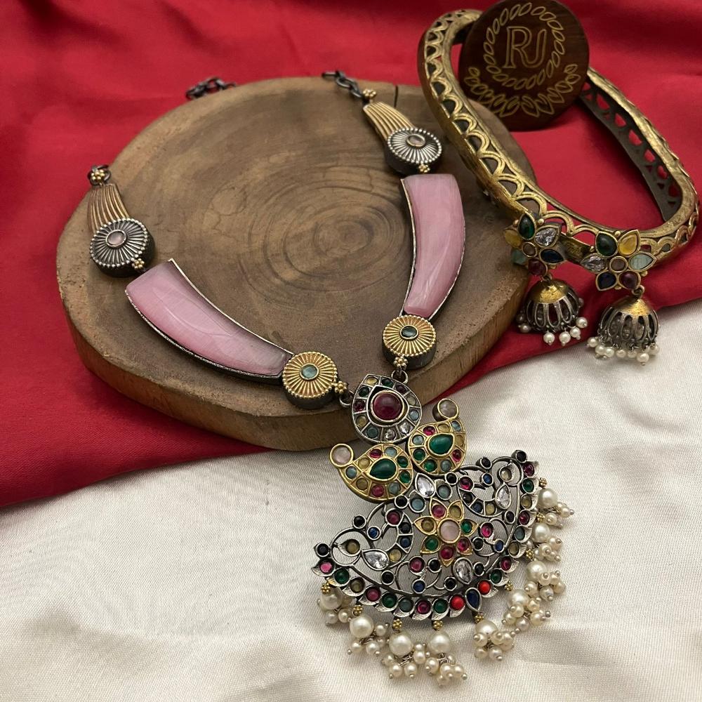 FS Collection  2 Tone Plated Pota Stone And Pearls Necklace Set