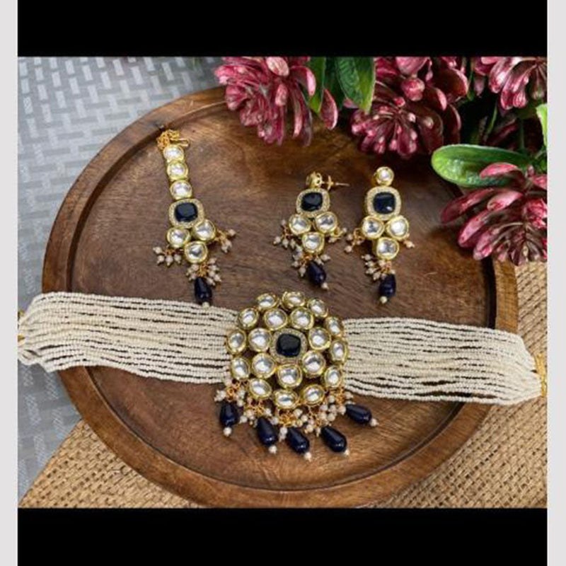 FS Collection Gold Plated Kundan Stone And Beads Choker Necklace Set