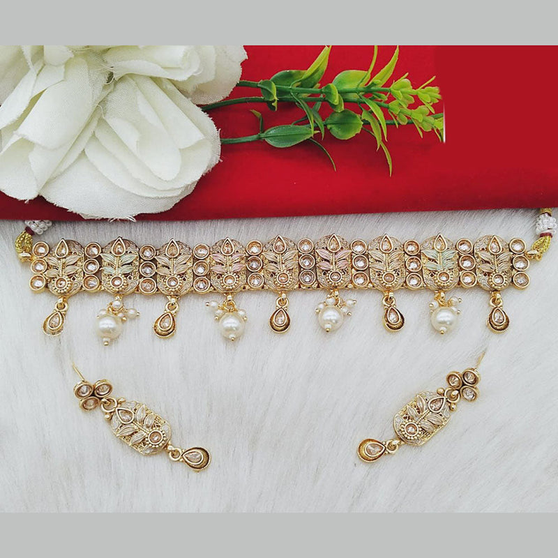 FS Collection Gold Plated Kundan Stone And Beads Choker Necklace Set