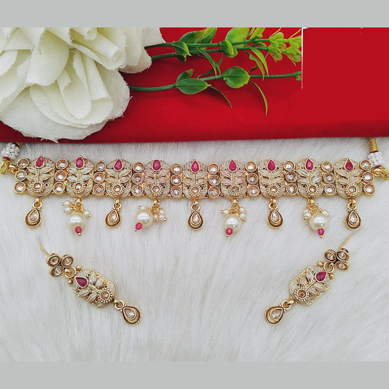 FS Collection Gold Plated Kundan Stone And Beads Choker Necklace Set