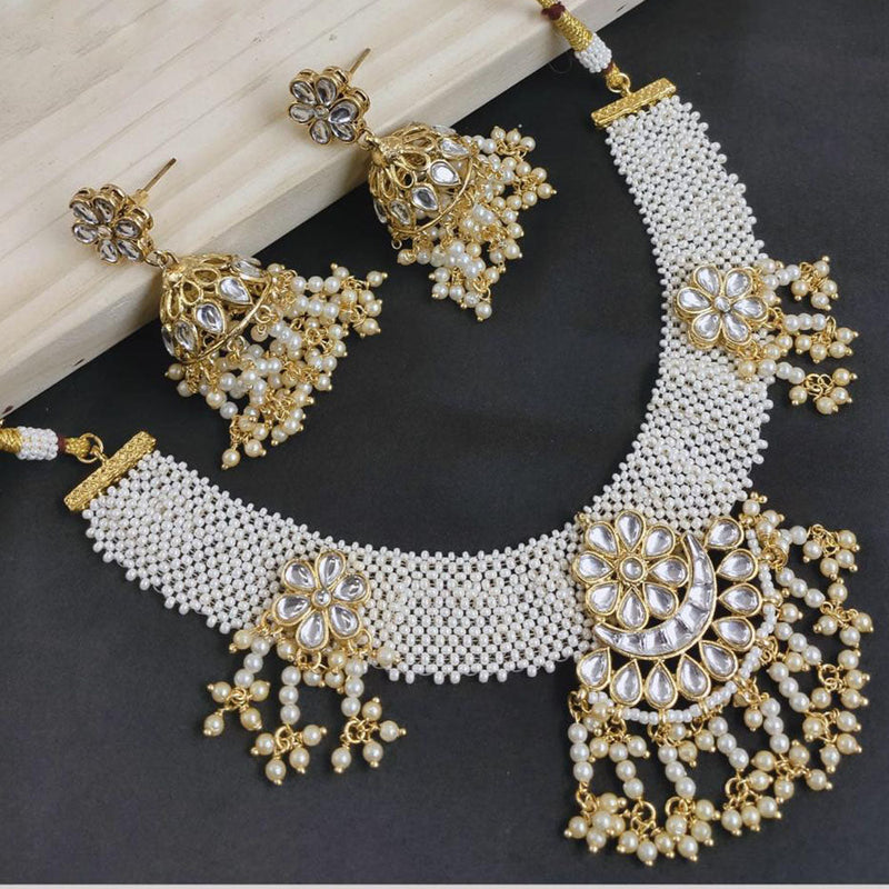 FS Collection Gold Plated Kundan Stone And Pearls Necklace Set