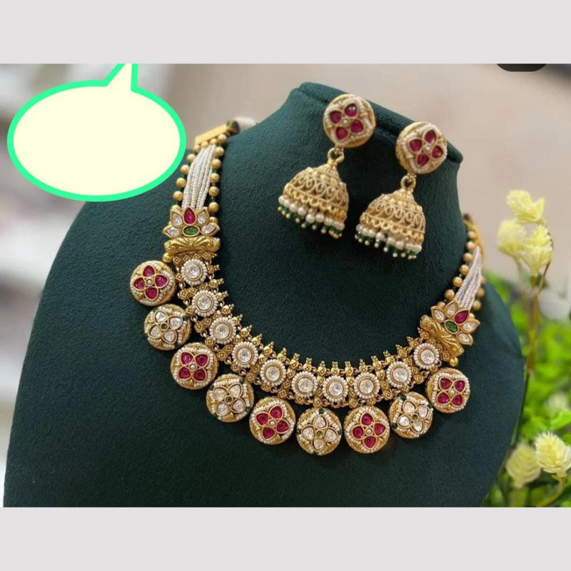 FS Collection Gold Plated Kundan Stone And Pearls Necklace Set