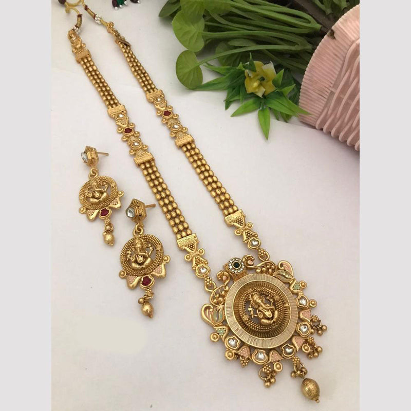 FS Collection Gold Plated Kundan Stone And Meenakari Lord Ganesha Necklace Set